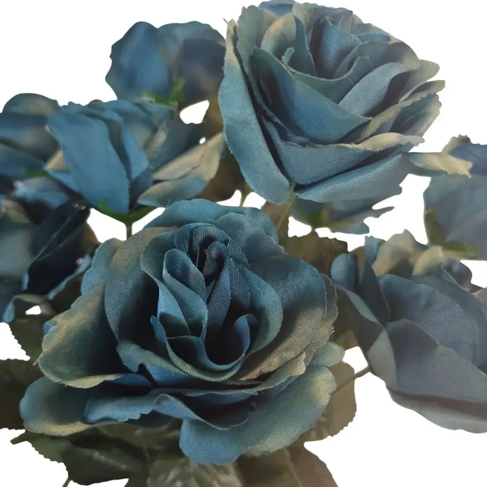 Silk Artificial Teal Rose Bush Lot of 2 Bushes, 4 in wide Blooms, 23 Roses total